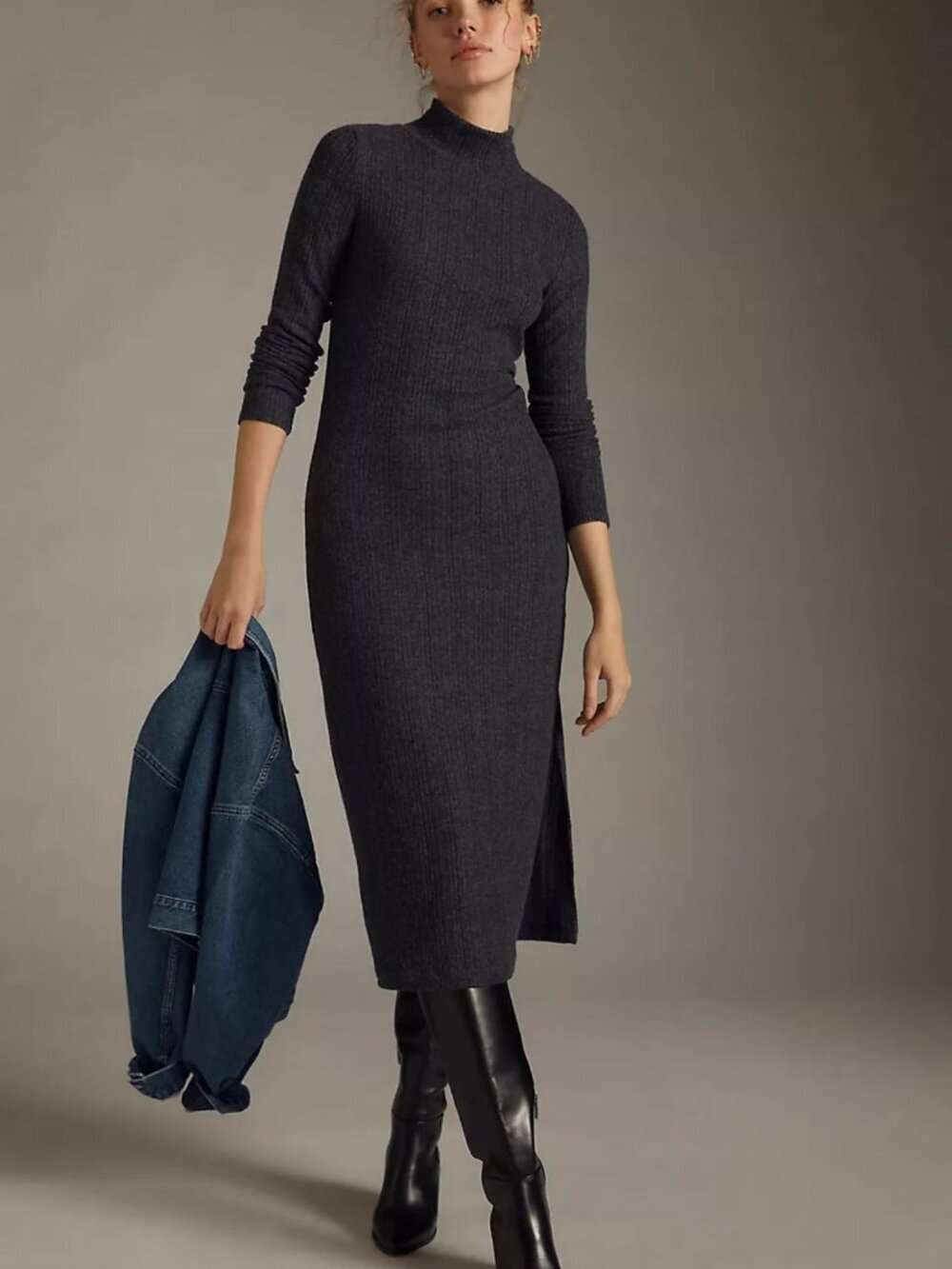 Daily Practice Anthropologie Turtleneck Side-Slit knit Midi Dress 36372